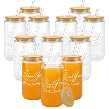 Imagem de YOUKE OLA Thank You for Being Awesome Copo para beber com tampas de bambu e canudo de vidro, pacote com 12 latas de vidro de cerveja inspiradoras presentes de aniversário presentes de agradecimento