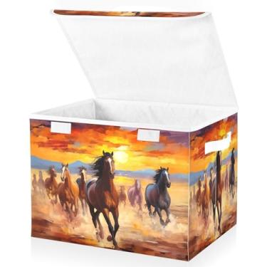 Imagem de Blueangle Cestos de armazenamento de cavalos vermelhos laranja marrom com tampas, 42 x 32 x 30 cm, cesta organizadora grande dobrável para decoração de escritório e armário (183)