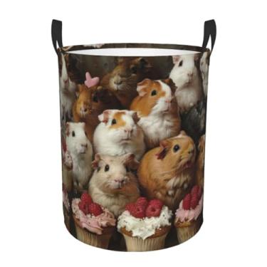 Imagem de Cesto de lavanderia redondo de camada única com estampa de porquinhos-da-índia e cupcakes, compacto e elegante, adequado para qualquer espaço