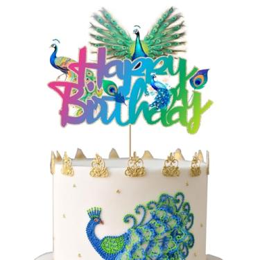 Imagem de Peacock Happy Birthday Cake Topper gradient color Peacock Zoo Animal Party Cake Decor Zoo Bird Theme Birthday Party Supplies for Kids Boys Girls