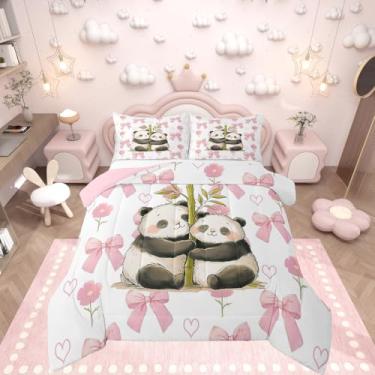 Imagem de Erosebridal Jogo de cama solteiro com laço rosa, animais fofos, panda e crianças, para decoração de quarto de adolescentes, meninas, mulheres, decoração de quarto, estética, com laço, floral, edredom