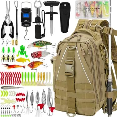 Imagem de THKFISH Kit de ferramentas de pesca com 85 peças, mochila de pesca com caixas incluídas, kit de equipamento de pesca inclui kit de isca de pesca, alicate de pesca, removedor de anzol, garra labial