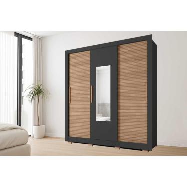 Imagem de Guarda Roupa Casal Chile 3 Portas de Correr 2 Gavetas MDF com Espelho Preto-freijo Caemmun