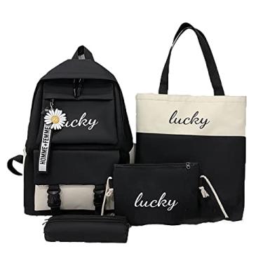 Imagem de 4 peças/conjunto mochila universitária bolsa casual de grande capacidade mochila de viagem para computador com estojo, bolsa, bolsa de moedas, preto, 42 x 30 cm