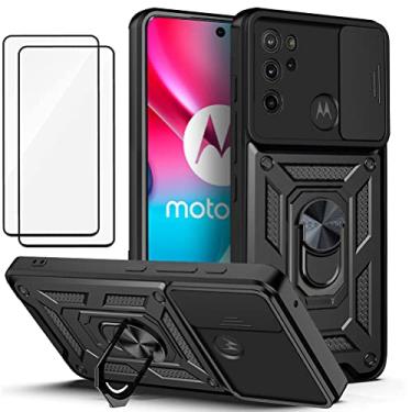 Imagem de Capa para Motorola Moto G60S Capinha | com 2 protetores de tela temperados, janela deslizante de proteção da câmera integrada e suporte para telefone - Preto
