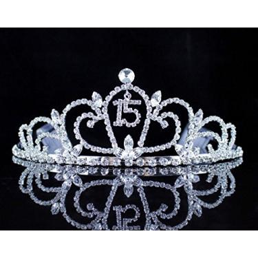 Imagem de Quinceanera Sweet 15 Fifteen Coroa de cristal austríaco branco transparente com pentes de cabelo tiara tiara princesa festa de aniversário de 15 anos T990 (branca)