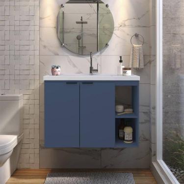 Imagem de Gabinete para Banheiro em Madeira com Lavatório em Mármore Sintético Aster Azul