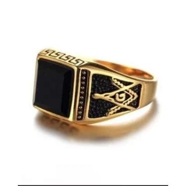 Imagem de Anel Maçônico Em Aço Inox Decorado Com Pedra Ônix Plus Size (DOURADO, 35)
