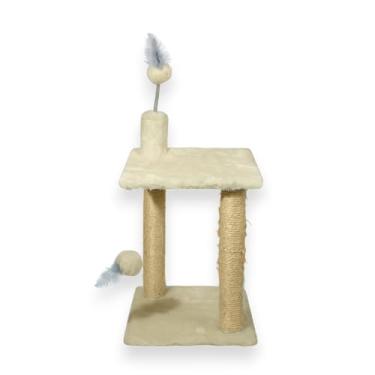 Imagem de Arranhador Gato Sisal Caminha Dupla Brinquedo Bola Pelúcia Creme