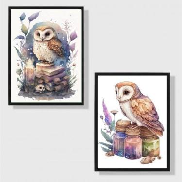Imagem de Kit 2 Quadros Coruja Aquarela 24x18cm - Moldura Branca