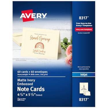 Imagem de Avery Cartões de notas imprimíveis com envelopes, 10,8 cm x 14 cm, marfim com borda em relevo, 60 cartões em branco para impressoras jato de tinta (08317)