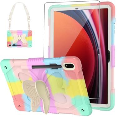 Imagem de BLOSOMEET Capa rosa borboleta para Galaxy S9+ Plus 12,4 polegadas 2023 com protetor de tela de vidro temperado, suporte e alça de ombro