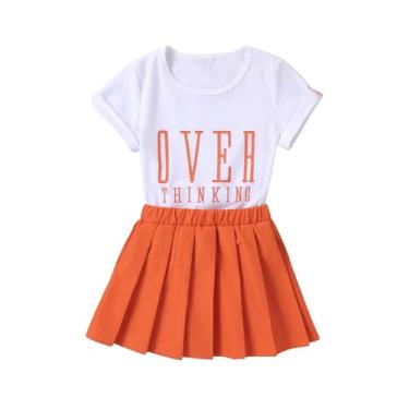 Imagem de SOLY HUX Conjunto de 2 peças para meninas pequenas, camiseta de manga curta e saia plissada, Letra branca e laranja, 5 Anos