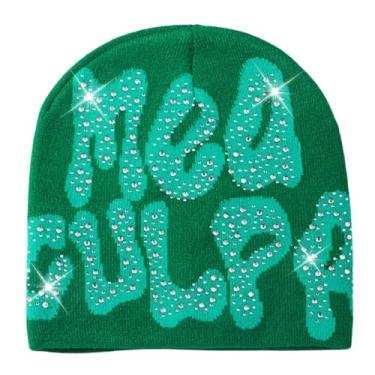 Imagem de JUMISEE Gorro masculino feminino com letras gráficas Y2K gorro tricotado com strass brilhante inverno quente caveira boné pulôver chapéu, Verde, tamanho �nico