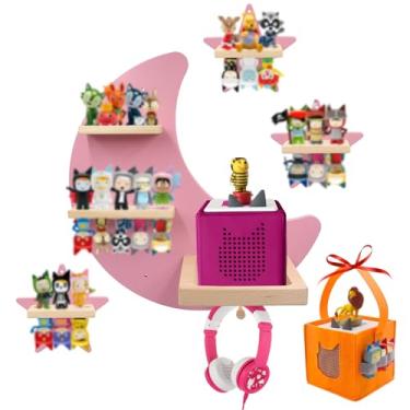 Imagem de Prateleira e estojo de transporte para TonieBox e Tonie (bolsa, lua e 3 estrelas), figuras Tonies Storage, prateleiras flutuantes magnéticas de madeira compatíveis com o personagem Tonie Box Player