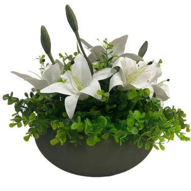 Imagem de Arranjo Grande Centro Mesa Lírio Branco Artificial Vaso Verde Musgo