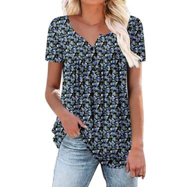 Imagem de Camisetas femininas florais com gola V com botões e manga curta camisetas femininas soltas túnica tops de verão 2024, Bege, XXG