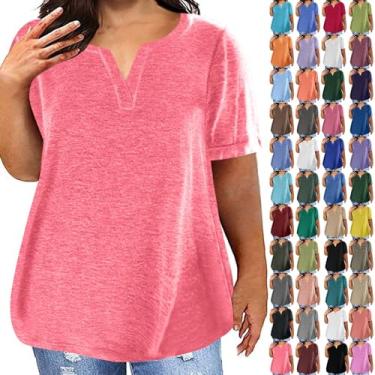 Imagem de PKDong Camiseta feminina plus size casual verão manga curta gola V cor sólida camiseta feminina solta moda camisetas com bolso, Vermelho violeta, G