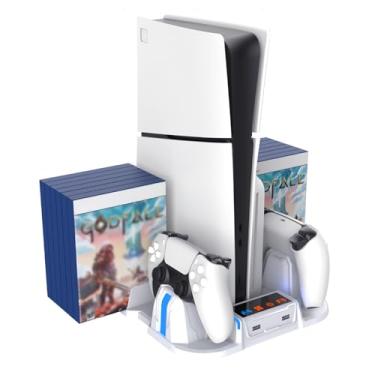 Imagem de Suporte de resfriamento para PS5 Slim com estação de carregamento de controlador, ventilador de resfriamento de 3 estágios, 12 slots de jogo, 2 hubs USB. (Branco)