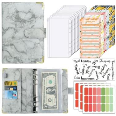 Imagem de Joucien Caderno de folhas soltas com padrão de mármore A6, clipe de folha solta de couro PU Ledger-Mármore + protetores de canto: conjunto cinza