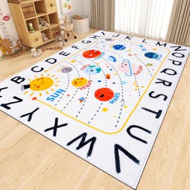 Imagem de LTKOUGFAM Tapete infantil ABC macio, 280 x 199 cm, lavável para sala de aula, tapete educativo antiderrapante para quarto de crianças, bonito sistema solar, sala de jogos, sala de jogos, quarto,