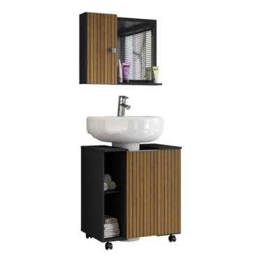 Imagem de Conjunto Gabinete Armário Banheiro Para Pia de Coluna Pequin Com Espelheira Gênova (PRETO RIPADO)