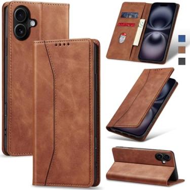 Imagem de Jasonyu Flip Carteira Capa para iPhone 16 Plus,Capinha Folio Magnética de Couro com Suporte para Cartão,Suporte para Chute - Protetora Durável de TPU à Prova de Choque para Telefone,Marrom
