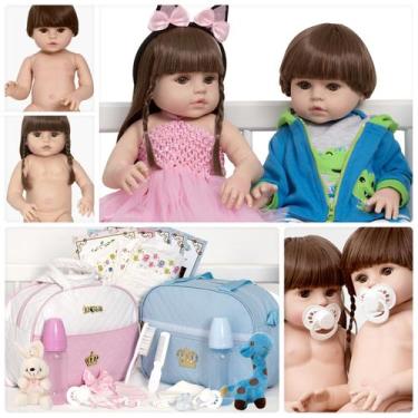 Imagem de Kit Boneca Reborn Gêmeos Casal Cabelo Castanho Acessórios - Cegonha Re
