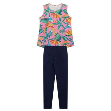 Imagem de Conjunto Infantil Menina Em Cotton, Regata Flores Rosa E Legging Azul 