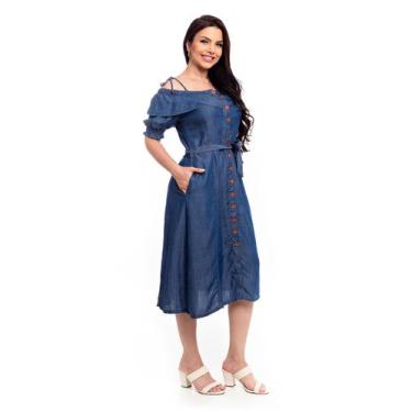 Imagem de Vestido Jeans Midi Ombro a Ombro com alça - RESTRITO JEANS, 38, Azul e