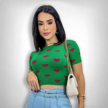 Imagem de Blusa Cropped Manga Curta Coração Tricot Modal Blogueira - SWISS BOUTI