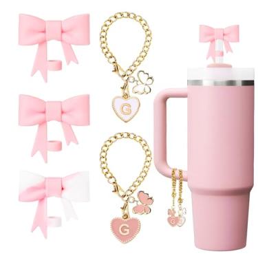 Imagem de LUHOHI Laço rosa para Stanley Straw Topper - 3 peças capa de silicone com laço de copo fofo 10 mm com 2 peças de pingentes de letra inicial nome ID acessórios personalizados 40/850.5 g copo garrafa de