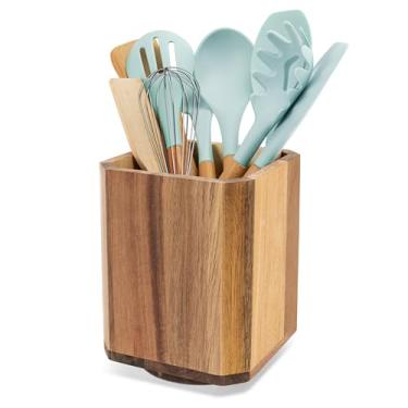Imagem de RedCall porta-utensílios de madeira de acácia, organizador de utensílios de cozinha grande giratório de 360 ​​°, armazenamento de ferramentas de cozinha para bancada, porta-espátula de colhe