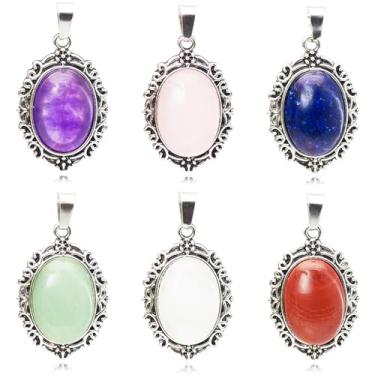 Imagem de Flemtai 6 pingentes ovais de pedra natural, cabochão de cristal misto para fazer joias, brincos, buquê de arte, noivas, noivas, Ametista/Quartzo Rosa/Lápis-lazúli/Aventurina Verde/Quartzo Claro/Jaspe