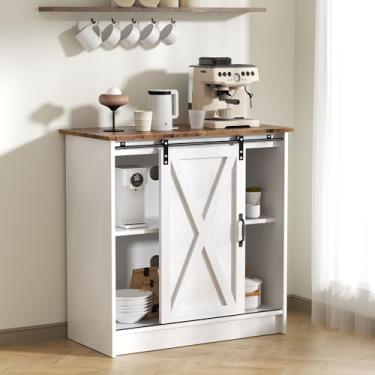Imagem de Armário de cafeteria Farmhouse, buffet de cozinha com mesa de café de armazenamento com porta de celeiro deslizante, console branco rústico com prateleiras ajustáveis, para cozinha, sala de jantar