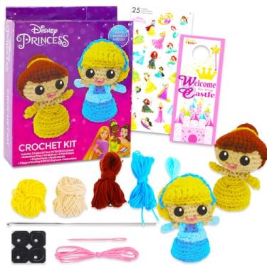 Imagem de Disney Kit de crochê de princesa para iniciantes – Pacote com estampas de crochê da Princesa Disney e Cinderela, fios, adesivos e mais | Kit de artesanato de princesa Disney para crianças