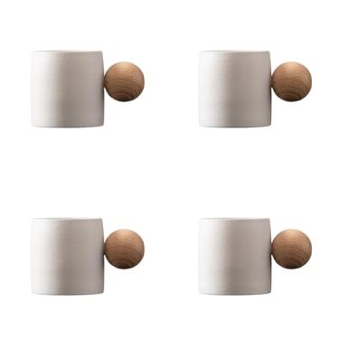 Imagem de Dicmracy Conjunto de 2 ou 4 xícaras de café expresso de cerâmica de 70,9 g, xícaras de café expresso com cabo de madeira, xícaras Demitasse para café ou chá (branco 4, redondo)