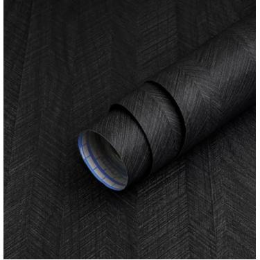 Imagem de Safiyya Papel de parede preto de 496 cm × 39 cm, papel de parede preto para bancada, cozinha, papel de contato de madeira para armários e paredes, papel de parede removível à prova d'água para gaveta