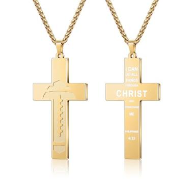 Imagem de Yifnny Colar masculino com cruz de futebol americano, versículo bíblico de aço inoxidável, fé religiosa, escrituras cristãs, pingente, corrente cruzada, primeira comunhão, batismo, joias esportivas,