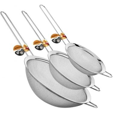Imagem de Jogo 3 Peneiras em Aço Inox 8 a 20cm Resistente Luxo Para Coar Polvilhar Versátil, Durável, com Suporte para Panelas e Travessas, Suporta Temperaturas e de Fácil Manuseio. (12-14 - 20)