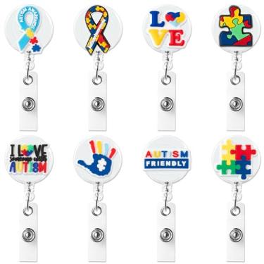 Imagem de ANGOLIO Carretel de crachá de conscientização do autismo - 8 peças porta-crachá de identificação com clipe jacaré retrátil para crachá de identificação médica etiqueta de nome de enfermagem padrão de