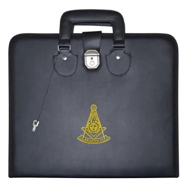 Imagem de Estojo de avental Masonic Past Master – bordado à máquina (couro preto), tamanho provincial MM | Bolsas de transporte maçônicas, Emblema dourado