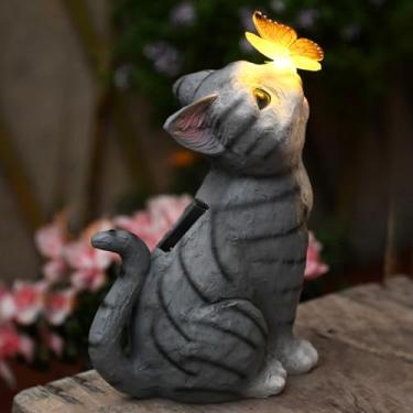 Imagem de Bolanggu Estatuetas de jardim de gato solar estátua de decoração ao ar livre com luzes LED para pátio, varanda, quintal, gramado, presente de inauguração de casa para jardim, mãe, avó (cinza)
