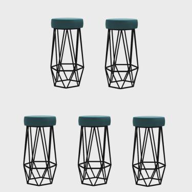Imagem de Kit 05 Banqueta Com Encosto Mhara Hexágono Cozinha Bar Ferro Preto Suede Azul Turquesa - Ahz Móveis