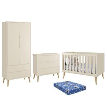 Imagem de Dormitório Infantil Theo Retrô 2 Portas, Cômoda, Berço com Pés Madeira Natural e Colchão - Reller Móveis Areia Fosco