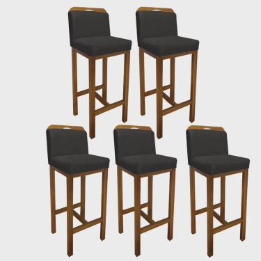Imagem de Kit 05 Banqueta Alta Com Encosto Zion Cozinha Balcão Bistrô Base Madeira Castanho Tecido Sintético Cinza - Ahz Móveis