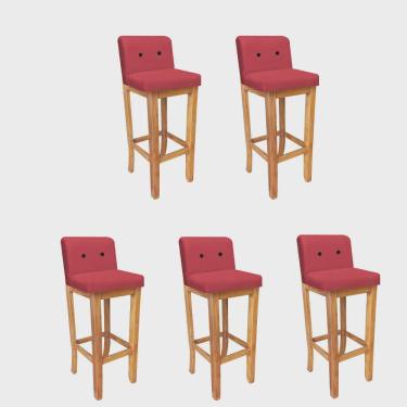 Imagem de Kit 05 Banqueta Alta Com Encosto Aila Balcão Bistrô Base Madeira Maciça Suede Vermelho Botão Preto - Ahz Móveis