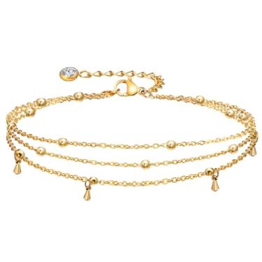 Imagem de Tornozeleiras de ouro à prova d'água para mulheres – pulseiras de tornozelo banhadas a ouro 14k, corrente de pé de surfista de praia de verão multicamadas, conjunto de tornozeleiras, joias modernas em
