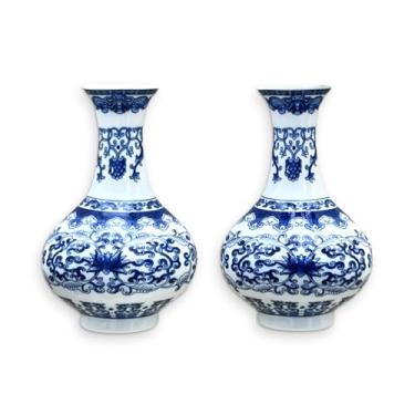 Imagem de GDSZJLJ Conjunto de dois vasos de parede de porcelana chinesa azul e branca para flores, vasos de parede de cerâmica chinoiserie feitos à mão, decoração de casa para sala de estar, estante de livros e