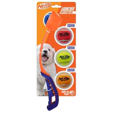 Imagem de Nerf Dog Conjunto de 5 peças de presente para cães, inclui lançador Air Strike de 33 cm e bola de tênis de 5 cm, pacote com 4, material resistente Nerf, multicolorido